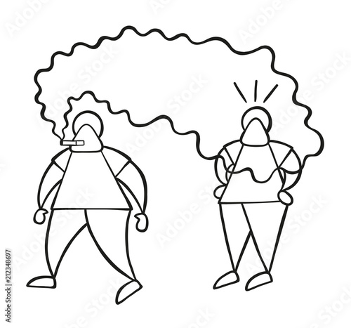 Vector cartoon man walking and bothering other man with smoke of cigarette