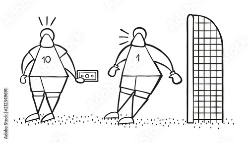 Vector cartoon soccer player man offering bribe to goalkeeper