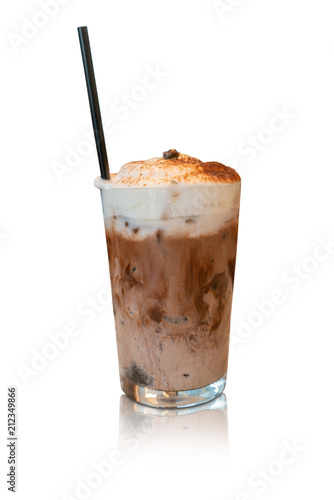 Photography Iced cappuccino coffee fleppe with milk foam and toping with cinnamon powder, object isolate on white background