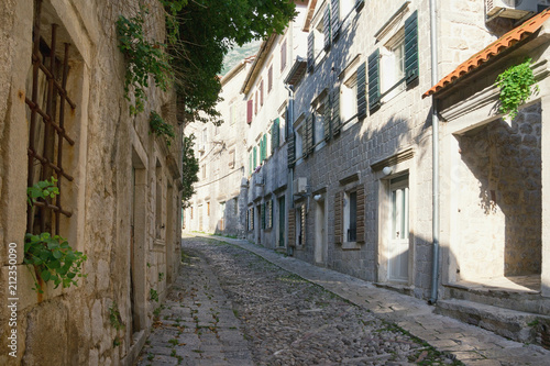 Ancient cobblestone street. Montenegro, town of Risan, Gabela street