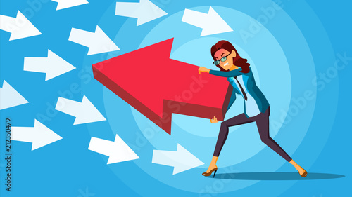Business Woman Pushing Arrow Vector. Opponent Concept. Opposite Direction. Standing Out From The Crowd. Against Obstacles. Cartoon illustration