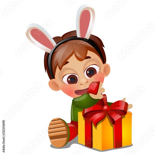 A little happy animated boy unwraps a gift on birthday isolated on white background. Vector cartoon close-up illustration.