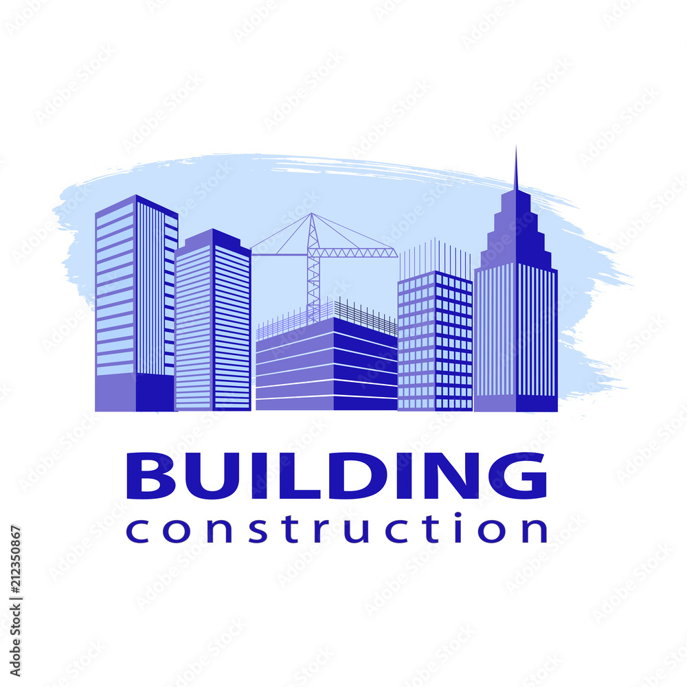 Obraz premium Construction working industry concept. Building construction logo in blue. Silhouettes of high-rise buildings on a brush stroke. Stock vector. Vector illustration EPS10.