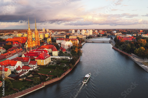 Old town cityscape panorama and Cathedral Island, Wroclaw, Poland