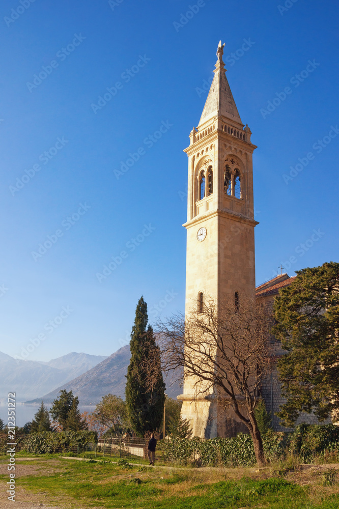 Religious architecture. View of Catholic Church of Saint Eustace (St. Eustahije).  Dobrota town, Montenegro, winter