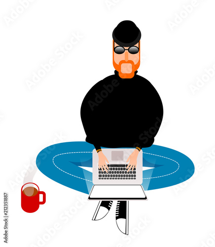 Vector illustration of a redhead hipster man with a laptop