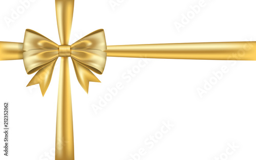 Gold gift bow ribbon. Golden bow tie isolated on white background. 3D shiny gift bow tie for Christmas present, holiday decoration, birthday. Silk ribbon for invitation. Vector illustration
