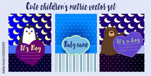 A set of beautiful children's metrics ready for printing. Lovely metrics in blue gradient color with penguin and teddy bear. Seamless cartoon pattern. Baby shower vector