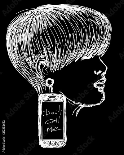 beautiful woman with phone like earrings, vector for t-shirt, print, card	