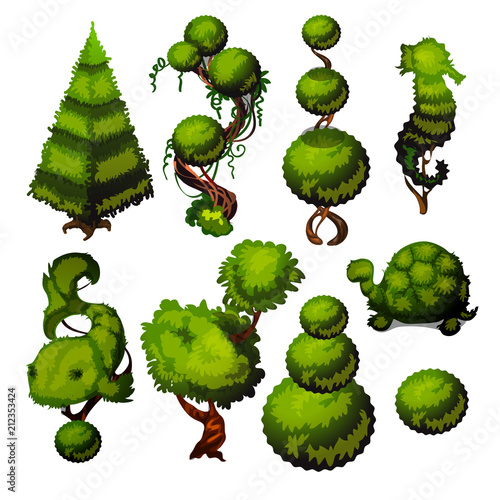 Set of trimmed shrubs in the shape of animals for landscaping. Ideas for decorating the garden or Park. Vector cartoon close-up illustration.