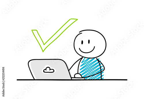 Funny stickman working on laptop - concept with check mark icon. Vector.