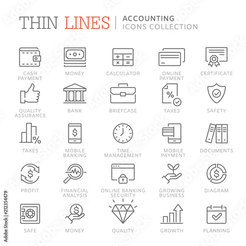 Collection of accounting and bookkeeping line icons