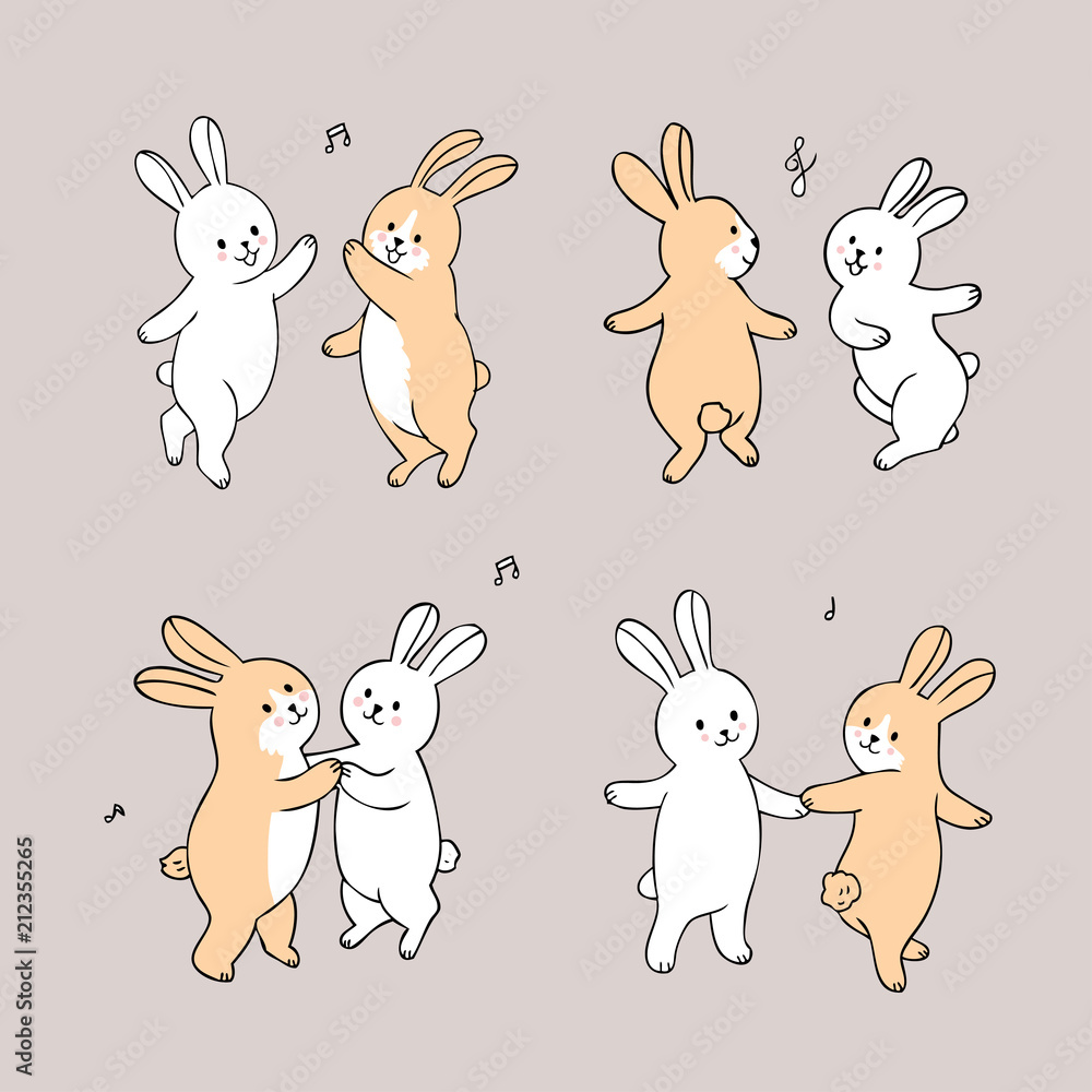 Fototapeta premium Cartoon cute rabbits dancing vector.