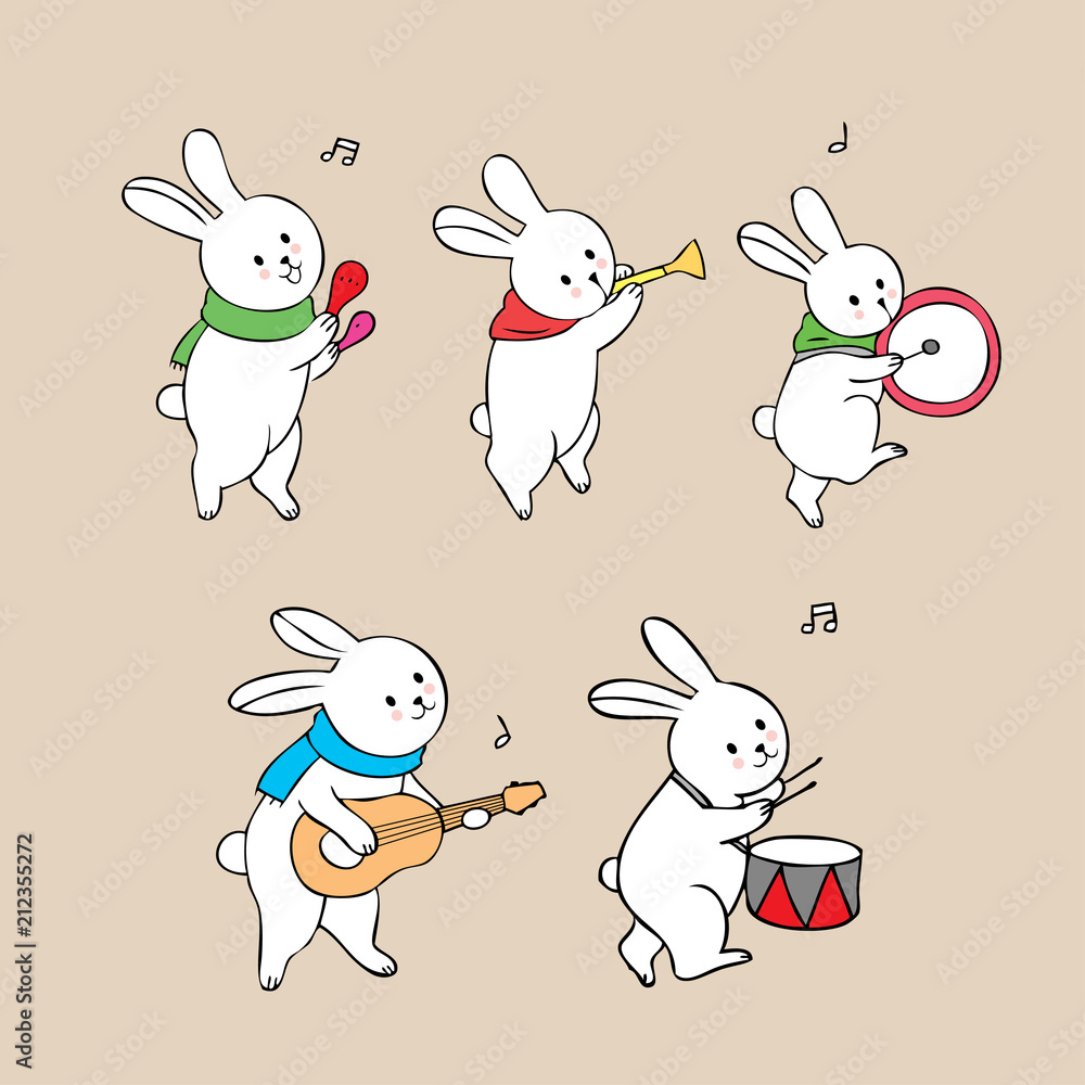 Cartoon cute white rabbits playing music vector. Cartoon cute white rabbits playing music vector.
