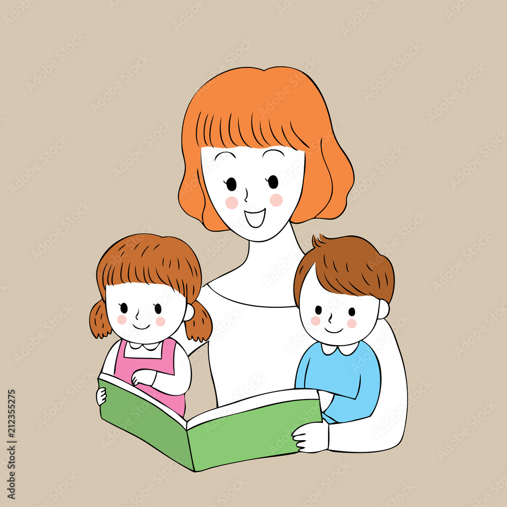 Cartoon cute mother and kids reading book vector. Cartoon cute mother and kids reading book vector.