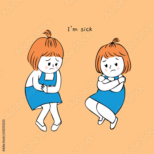 Cartoon cut girl stomachache vector.