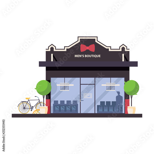 Men boutique store front. Flat concept with goods silhouettes, greenery and bike.