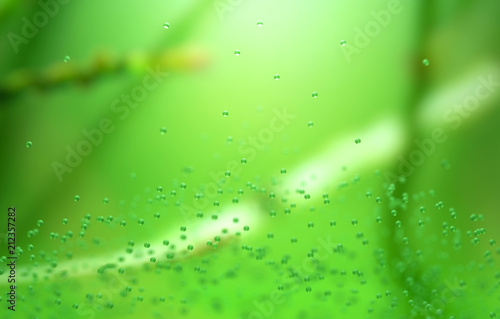 Science green background with spherical particles, 3D illustration of high technologies.