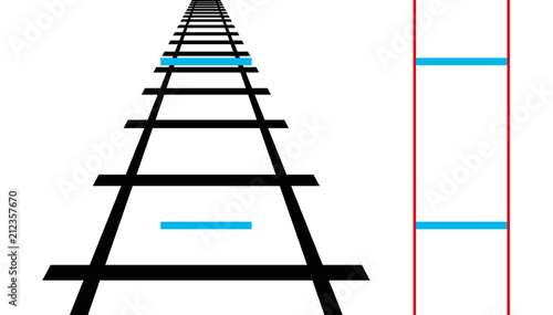 Ponzo illusion, geometrical optical illusion. Both blue horizontal lines are the same length. The human mind judges the size of an object based on its background. Illustration over white. Vector.