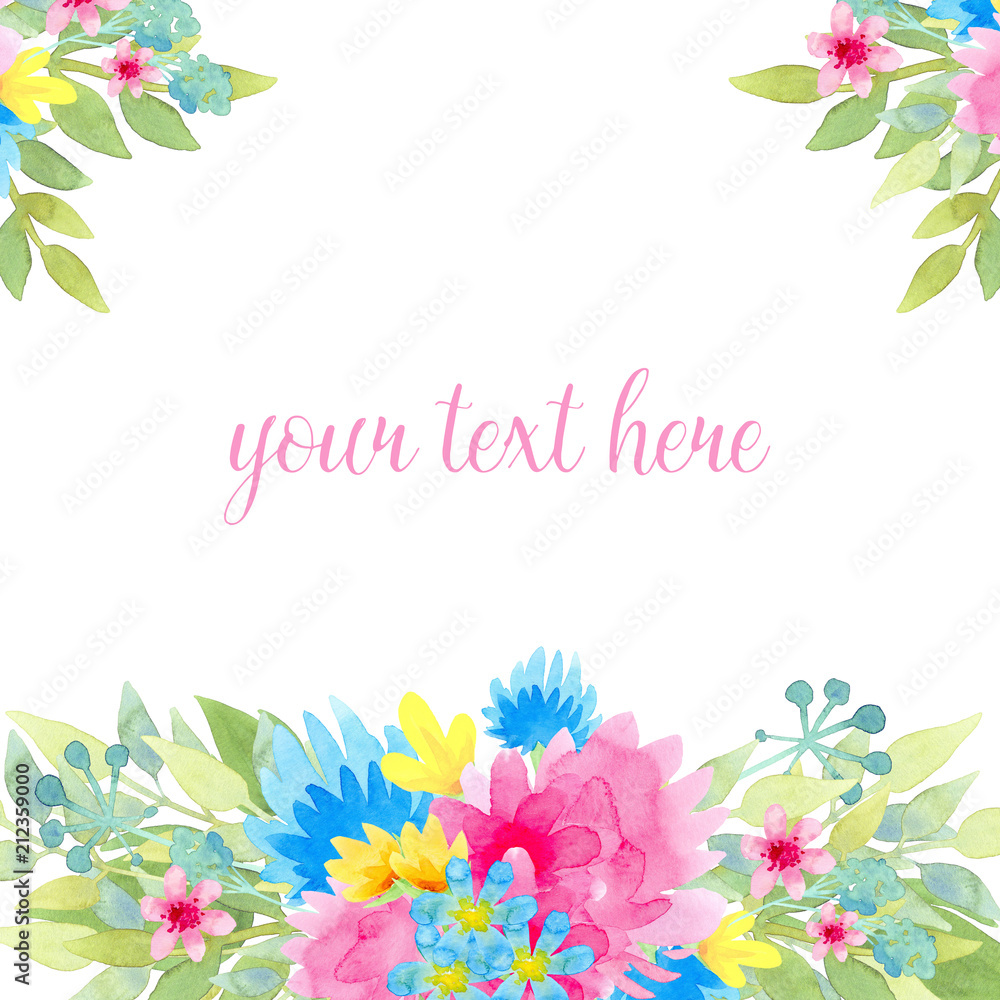 Frame with bouquets of beautiful flowers on a white background. Watercolor illustration Frame with bouquets of beautiful flowers on a white background. Watercolor illustration