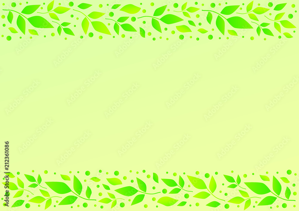 Light green background with decorative stripes align top and below with green leaves and dots for decoration, scrapbooking paper, sheet of book or notebook, wedding invitation, greeting card, text