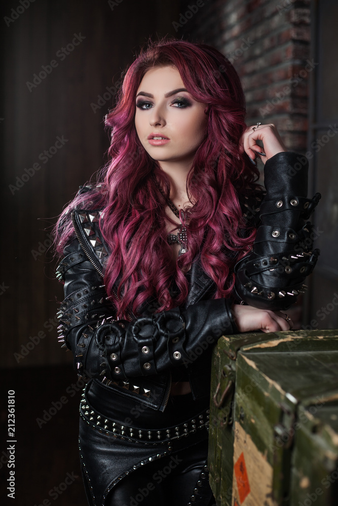 Redhead Adult Girl Biker In The Leather Wear Indoor Stock Photo Adobe Stock