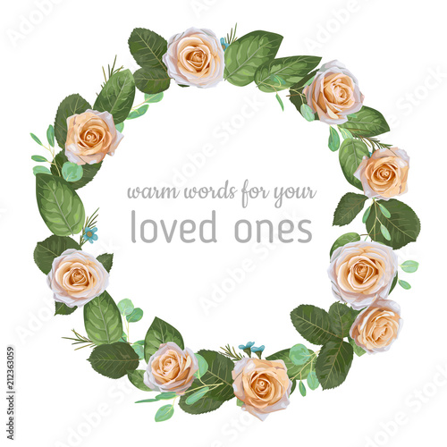 Stylish vector wreath round frame from creamy rose flowers with leaves, eucalyptus branch and wax flowers isolated on white background.