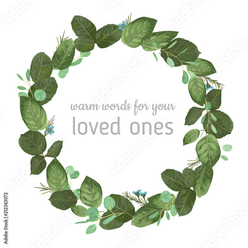 Vector floral illustration of a round frame of a wreath of rose leaves, eucalyptus branches and wax flowers isolated on white background