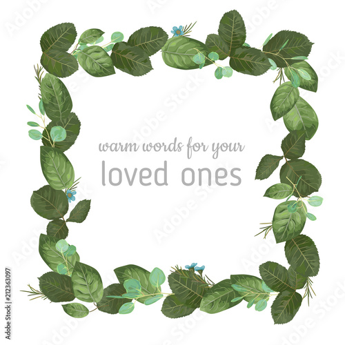 Vector watercolor illustration of a square frame of rose leaves, eucalyptus branches and wax flowers isolated on white background. Beautiful design element.