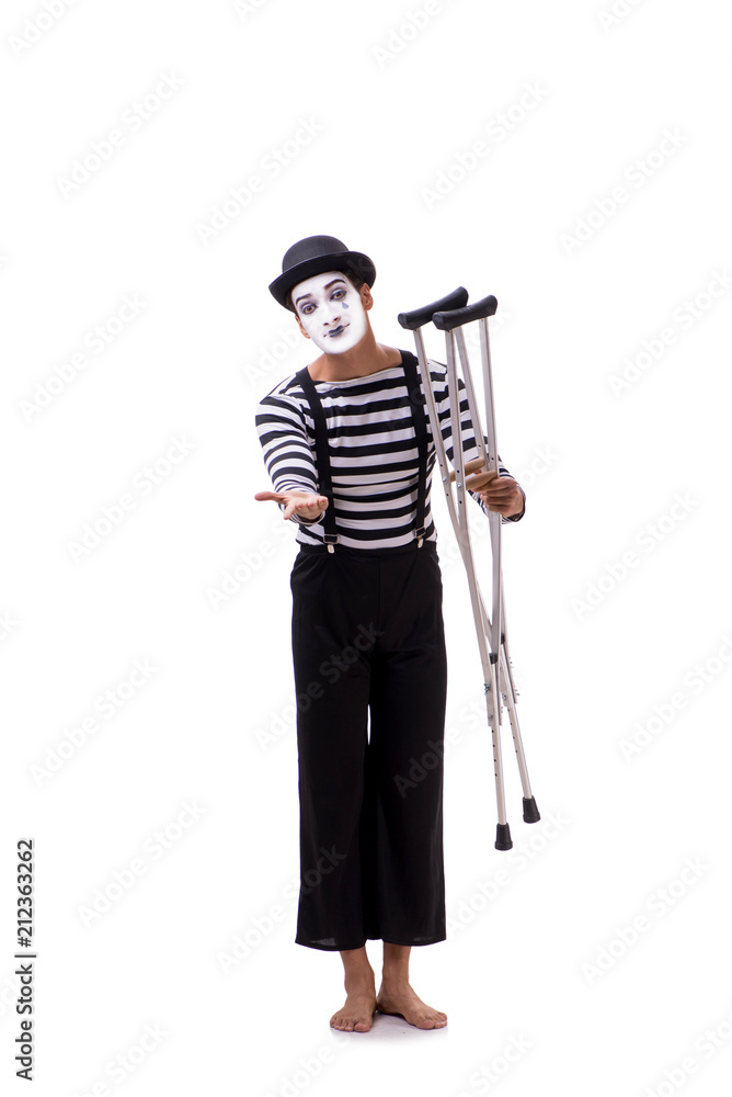 Mime with crutches isolated on white background