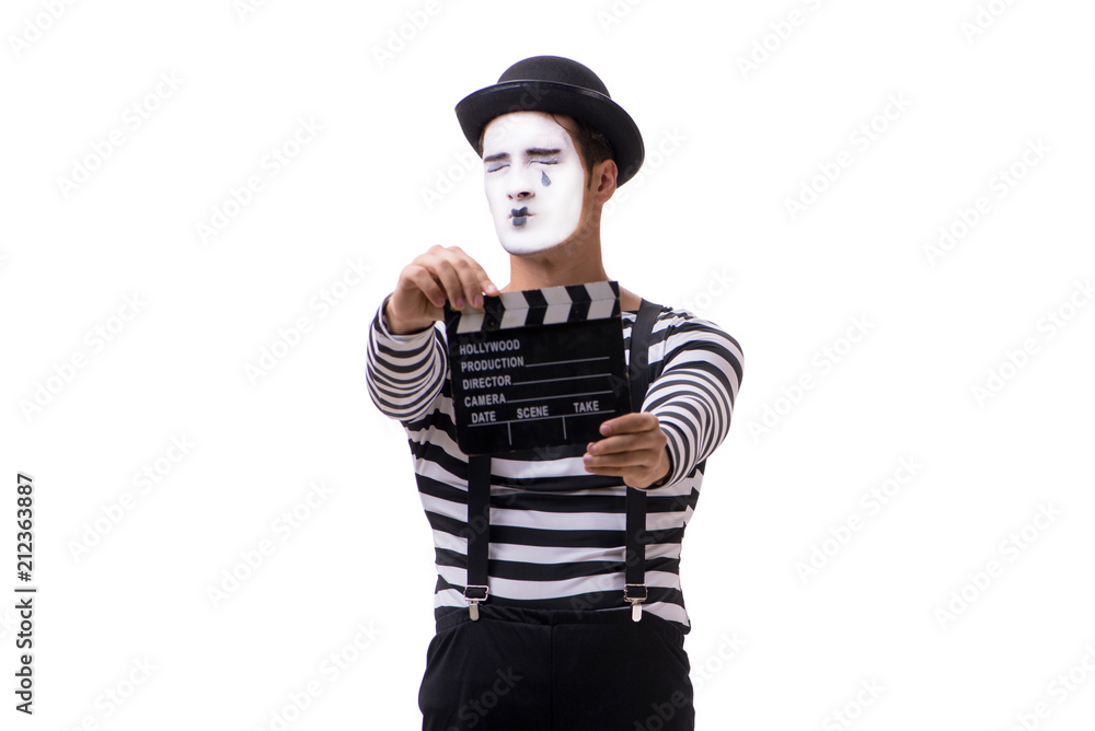 Mime with movie clapperboard isolated on white Mime with movie clapperboard isolated on white