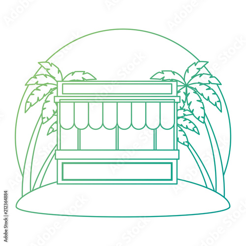 store building facade with parasol and palms