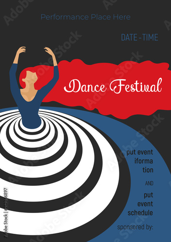 Dance festival poster concept. Performance flyer template size A 4. Flat pop art minimal style. Dancing night event banner background with abstract female dancer artist ballerina. Vector illustration