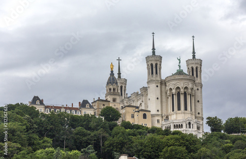 Basilique Fourviere. View of Basilica of Notre Dame de Fourviere, Lyon, France. The "La Fourviere" Church in Lyon.
