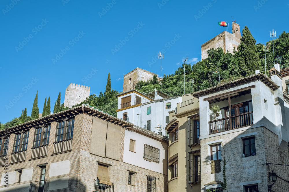 Photograph of the Alhambra made in the Paseo de Los Tristes, Granada, Spain.