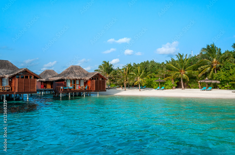 The perfect beach. Water bungalow. Luxury escape. Tropical paradise. Honeymoon at Maldives. Palms and white sund. Blue ocean	
