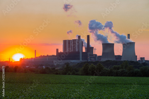 Sunset view at Coal-fired power plant near lignite mine Inden in Germany