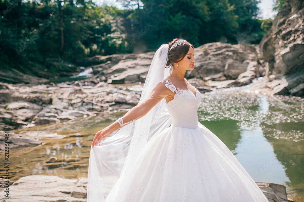 Beautiful bride walking on a fast river in the mountains. Wedding dress disperse of wind. Beauty portrait of a bride around amazing nature. Beautiful bride walking on a fast river in the mountains. Wedding dress disperse of wind. Beauty portrait of a bride around amazing nature.