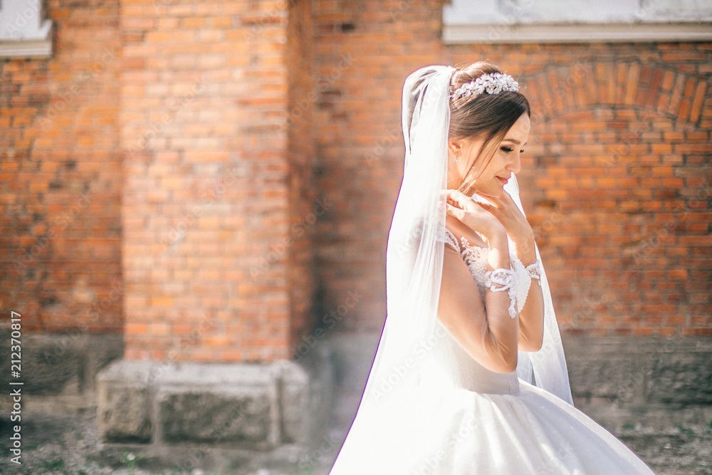 Beautiful bride near a brick wall. Building. Wedding photoshoot outdoor.