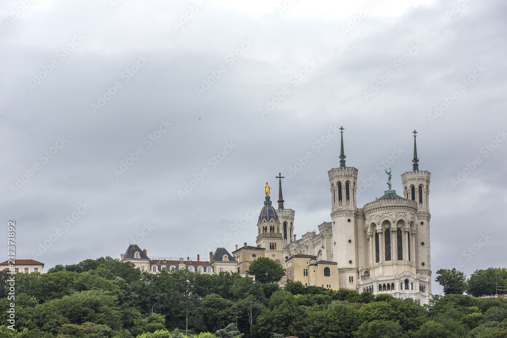 Basilique Fourviere. View of Basilica of Notre Dame de Fourviere, Lyon, France. The 