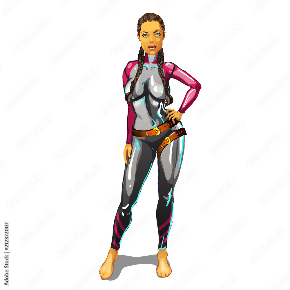 Sexy girl in latex suit with leather straps isolated on white background. Brunette fitness model. Vector cartoon close-up illustration. Sexy girl in latex suit with leather straps isolated on white background. Brunette fitness model. Vector cartoon close-up illustration.