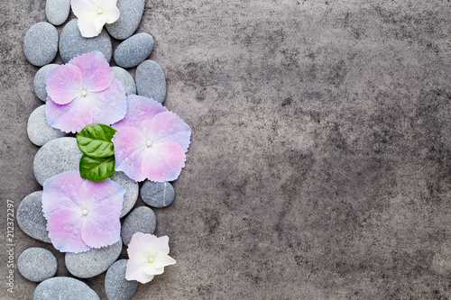 Fototapeta Naklejka Na Ścianę i Meble -  Spa flowers and massage stone, on grey background.