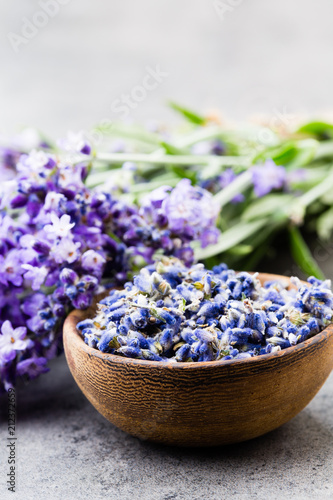 Fototapeta Naklejka Na Ścianę i Meble -  Lavender flowers, bouquet on rustic background, overhead.