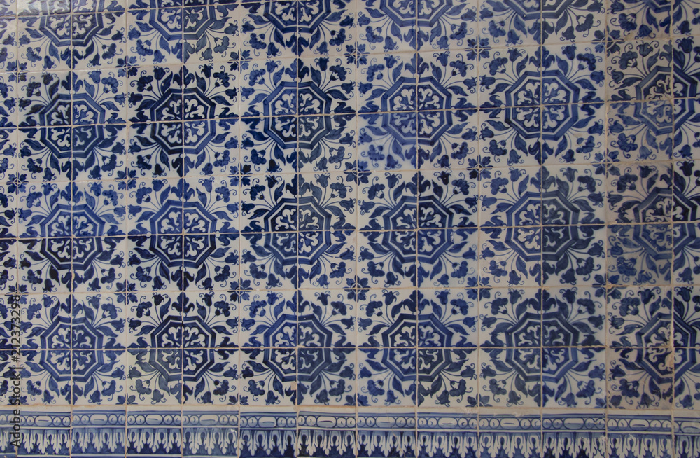Traditionally, old decorated ceramic tiles in The Convent of Christ, Roman Catholic monastery in Tomar Portugal.Portugal