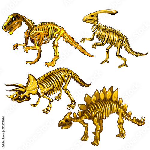 Set of dinosaur skeletons made of gold. Souvenirs in the form of remains of prehistoric animals isolated on a white background. Vector illustration.