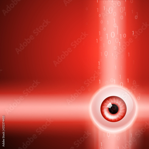 Abstract red background with eye and stream binary code. EPS10 vector background.