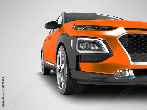 Modern orange car crossover for travel with black insets in front 3d render on gray background with shadows