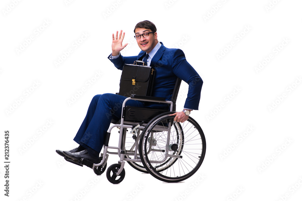 Businessman with wheelchair isolated on white background Businessman with wheelchair isolated on white background