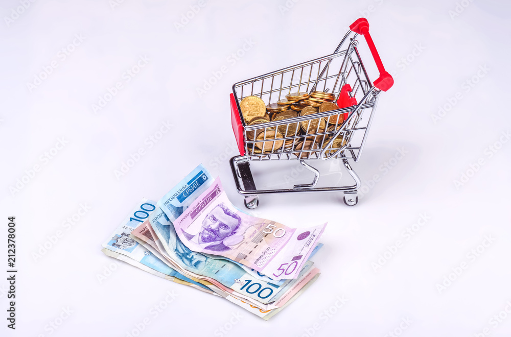 Money in shopping cart. Serbian dinar money