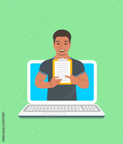 Online fitness trainer concept. Vector flat illustration. Young black man gym instructor holds a clipboard with training program. Weight loss plan using computer. Healthy lifestyle support by web